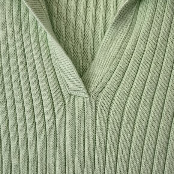 Womens Large Pastel Green Rib Knit Crop Polo Shirt Clueless Preppy Old Money Y2k - Picture 4 of 7